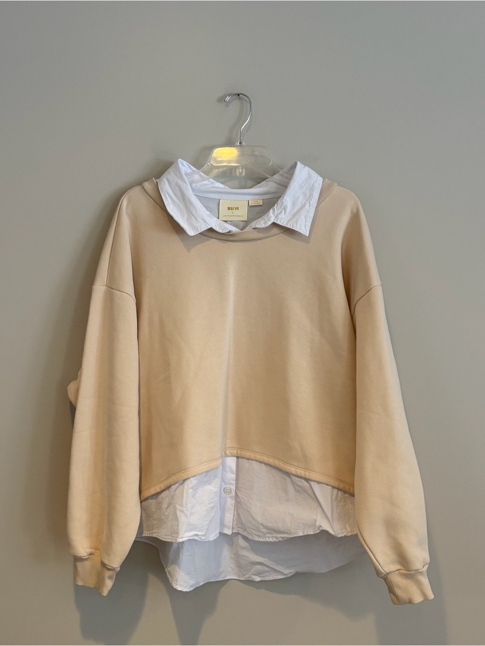 Maeve Anthropologie White Collared Layered Top with Cream Sweatshirt Size XL